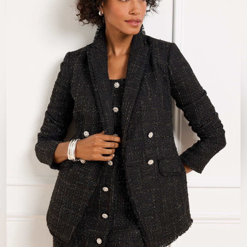 NWT METALLIC FRINGE TWEED DOUBLE BREASTED BLAZER Size 8 $249 Wool‎ Blend Black